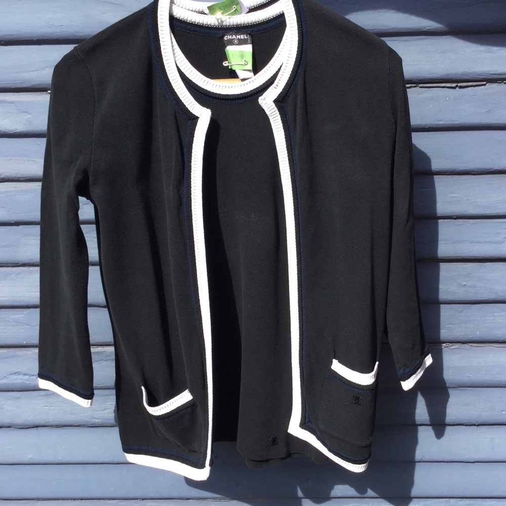 Chanel black with white navy trim sweater set